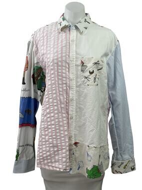 Outsiders Division Women Striped Graphic Patchwork Long Sleeve Button Up Shirt L